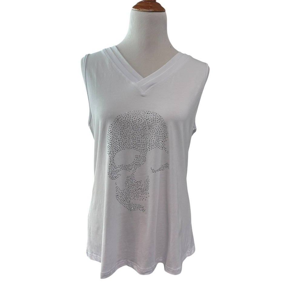 Sleeveless Rhinestone Skull Tank Top V-Neck Casual White Top‎